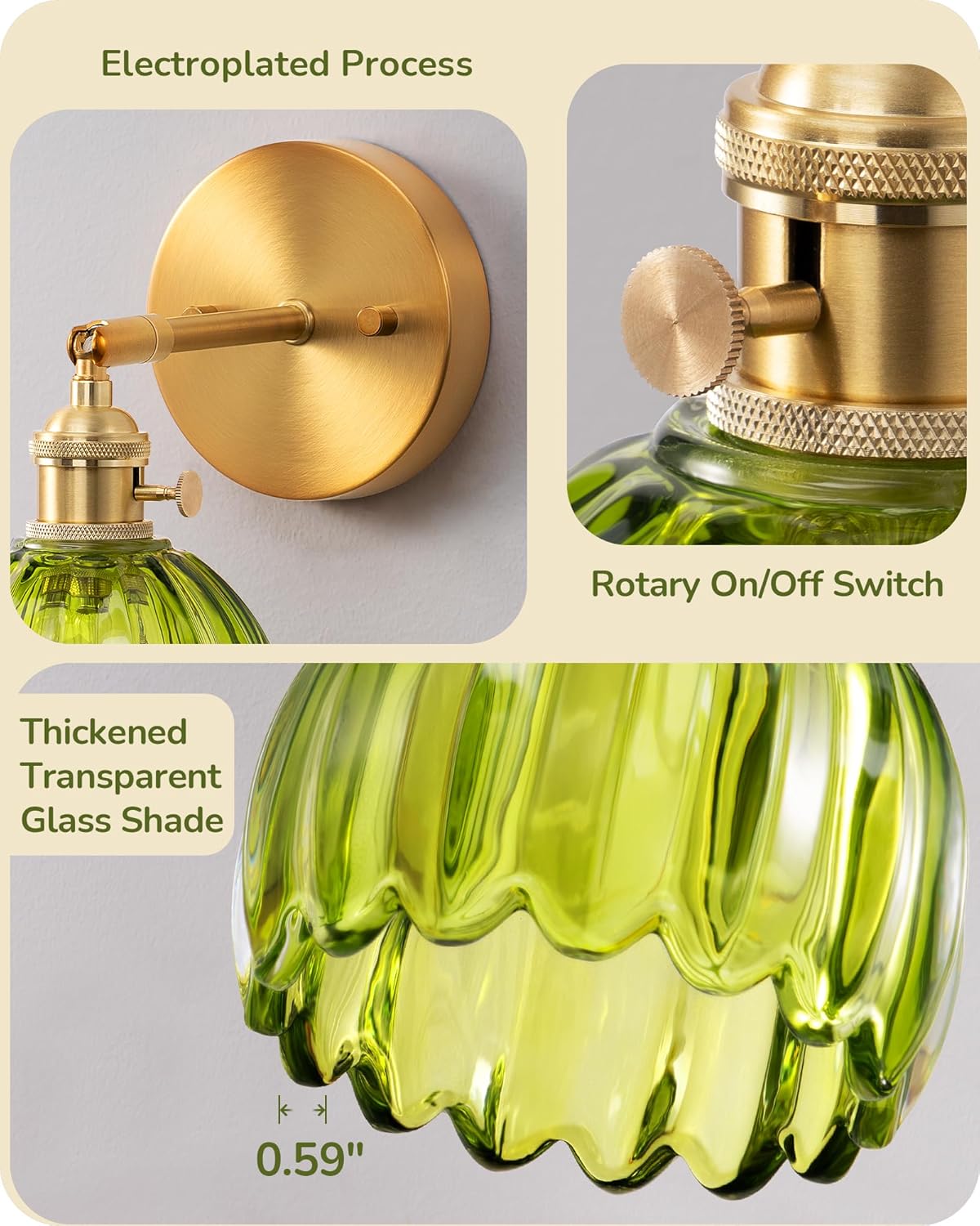 EDISHINE Wall Sconces Set of Two, Vintage Wall Lighting Fixture with Green Tulip Glass Lampshade 180 Degree Adjustable Hardwired, Brass Gold Wall Lamp for Bedroom Living Room Hallway Bathroom
