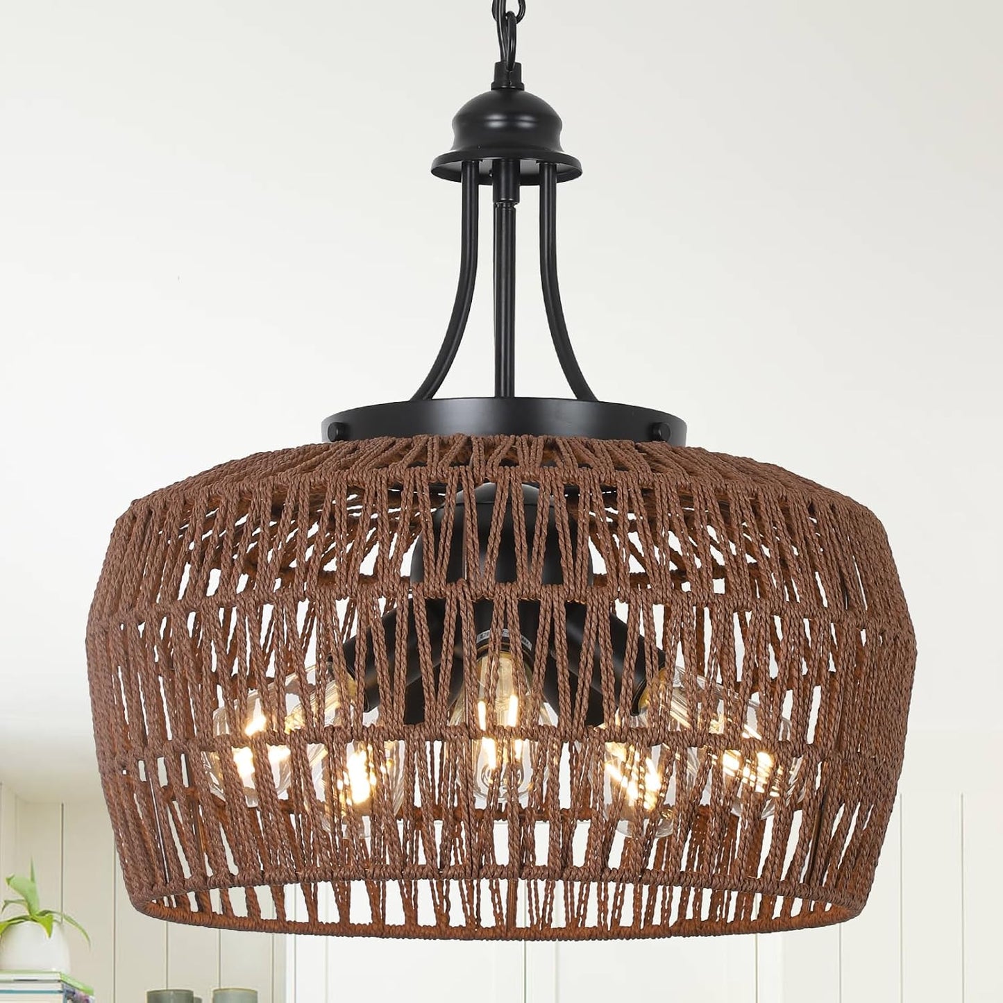 HMVPL Large Farmhouse Chandeliers for Dining Room, 5-Light Rattan Boho Chandelier Light Fixture with Wicker Lampshade, Coastal Hanging Pendant Lighting for Kitchen Island Bedroom Living Room Nursery