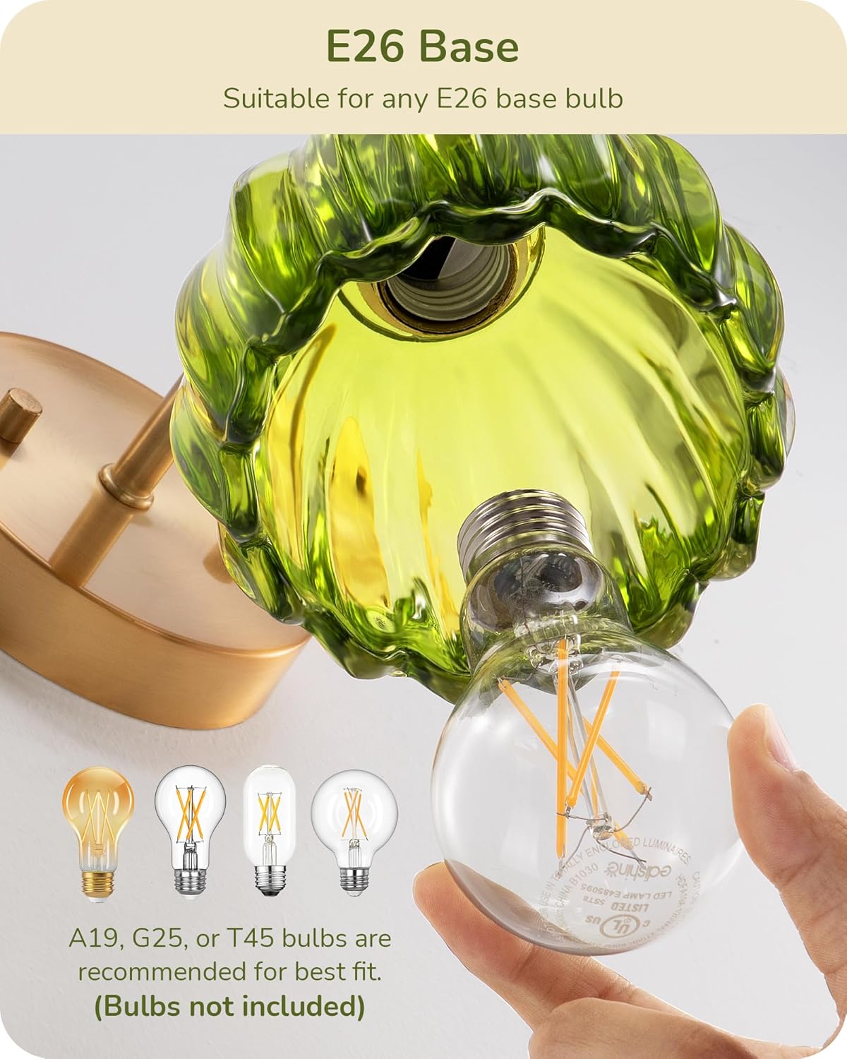EDISHINE Wall Sconces Set of Two, Vintage Wall Lighting Fixture with Green Tulip Glass Lampshade 180 Degree Adjustable Hardwired, Brass Gold Wall Lamp for Bedroom Living Room Hallway Bathroom