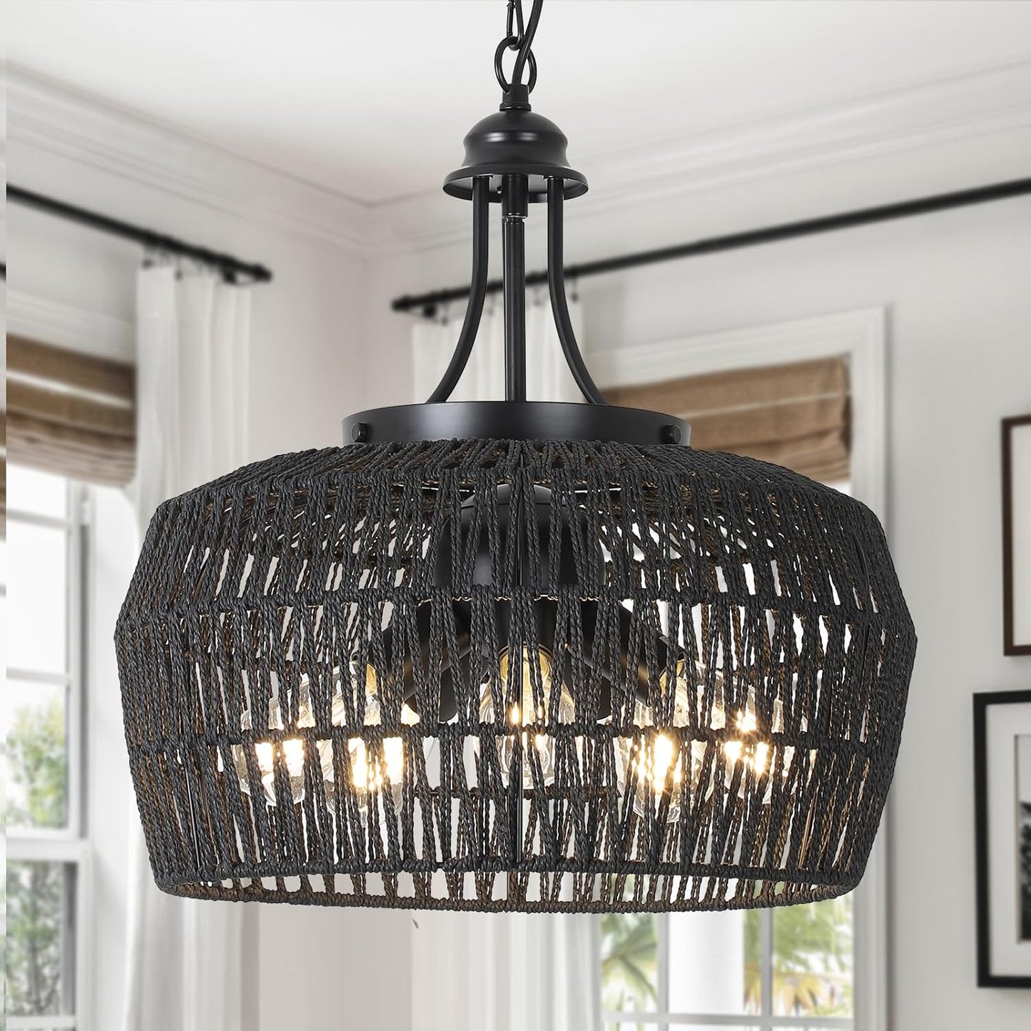 HMVPL Large Farmhouse Chandeliers for Dining Room, 5-Light Rattan Boho Chandelier Light Fixture with Wicker Lampshade, Coastal Hanging Pendant Lighting for Kitchen Island Bedroom Living Room Nursery