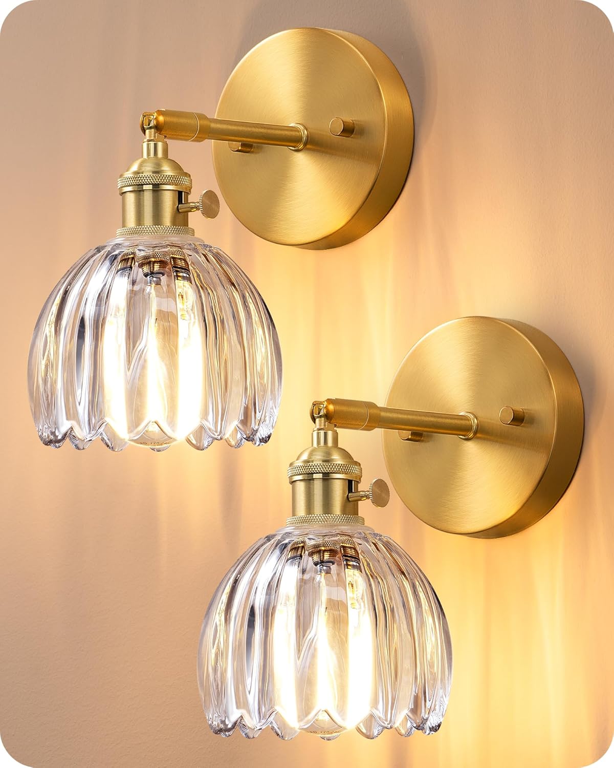 EDISHINE Wall Sconces Set of Two, Vintage Wall Lighting Fixture with Green Tulip Glass Lampshade 180 Degree Adjustable Hardwired, Brass Gold Wall Lamp for Bedroom Living Room Hallway Bathroom