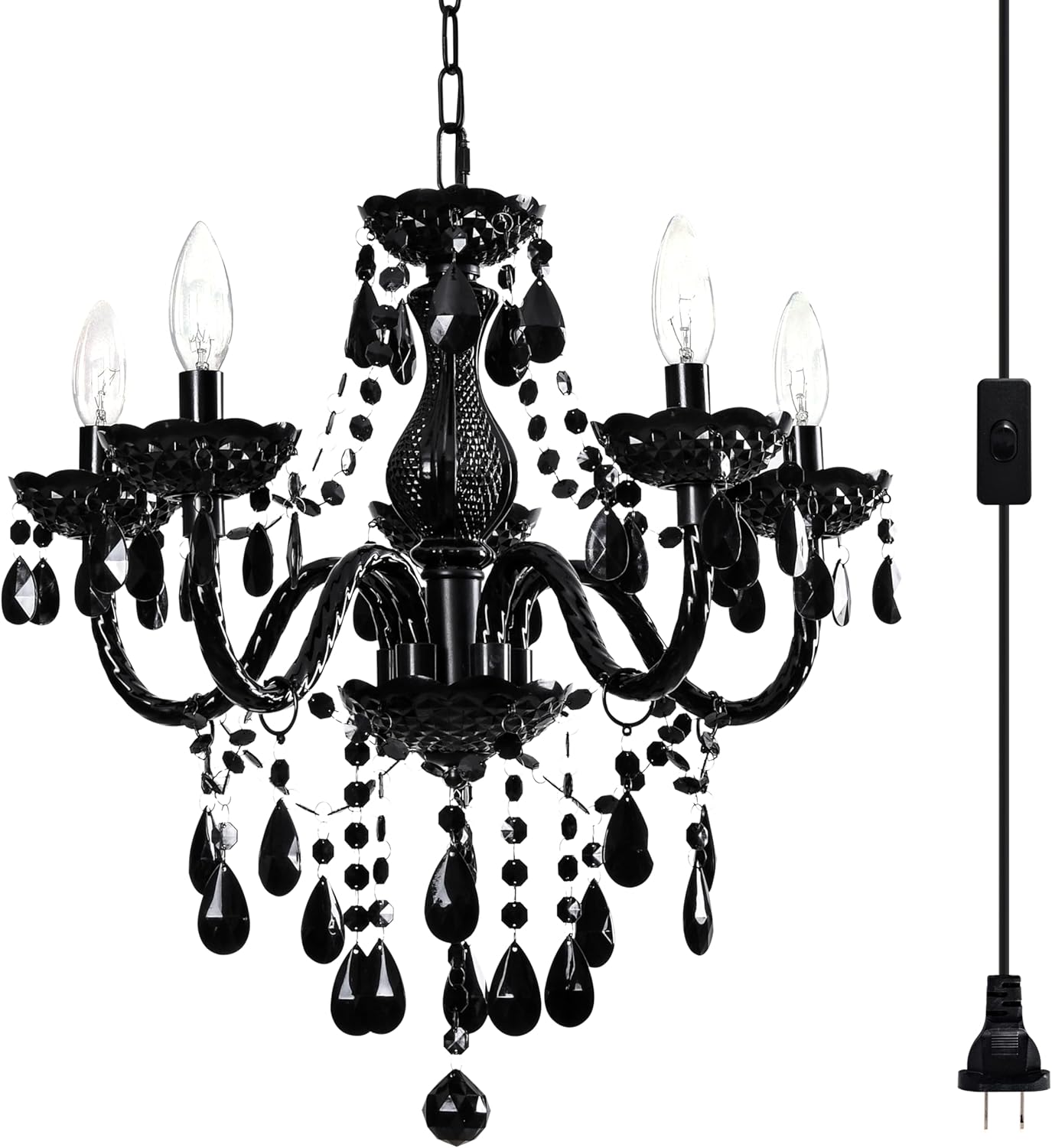 Plug-in 5 Light Crystal Hanging Pendant Lights Acrylic Chandelier with Clear Cord & On/Off Switch H19 D19.7 for Kitchen Island Girls' Room Dining Area Laundry Pavilion.