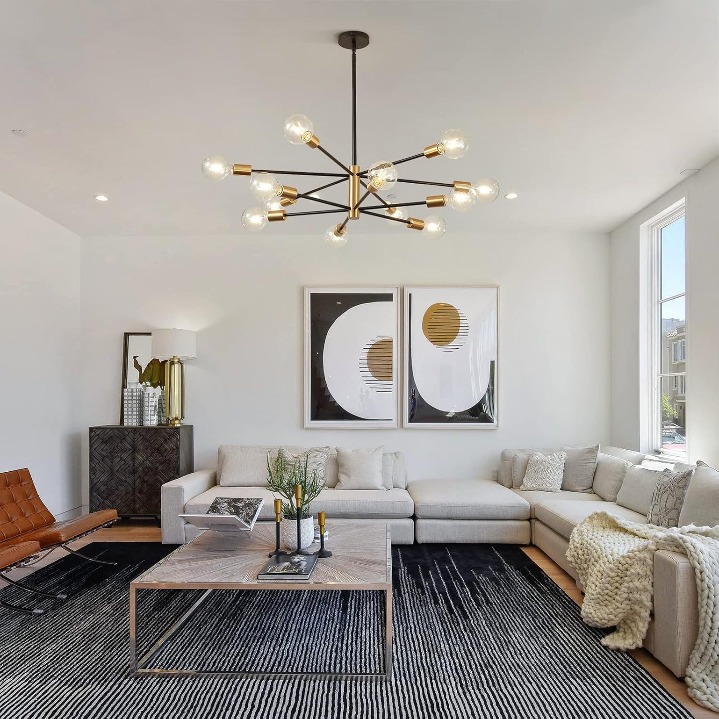 Modern Chandelier Ceiling Light Fixture Sputnik Chandeliers Gold and Black Farmhouse Chandelier Over Table 12-Light Height Adjustable Chandeliers for Dining Room, Living Room,Kitchen Island