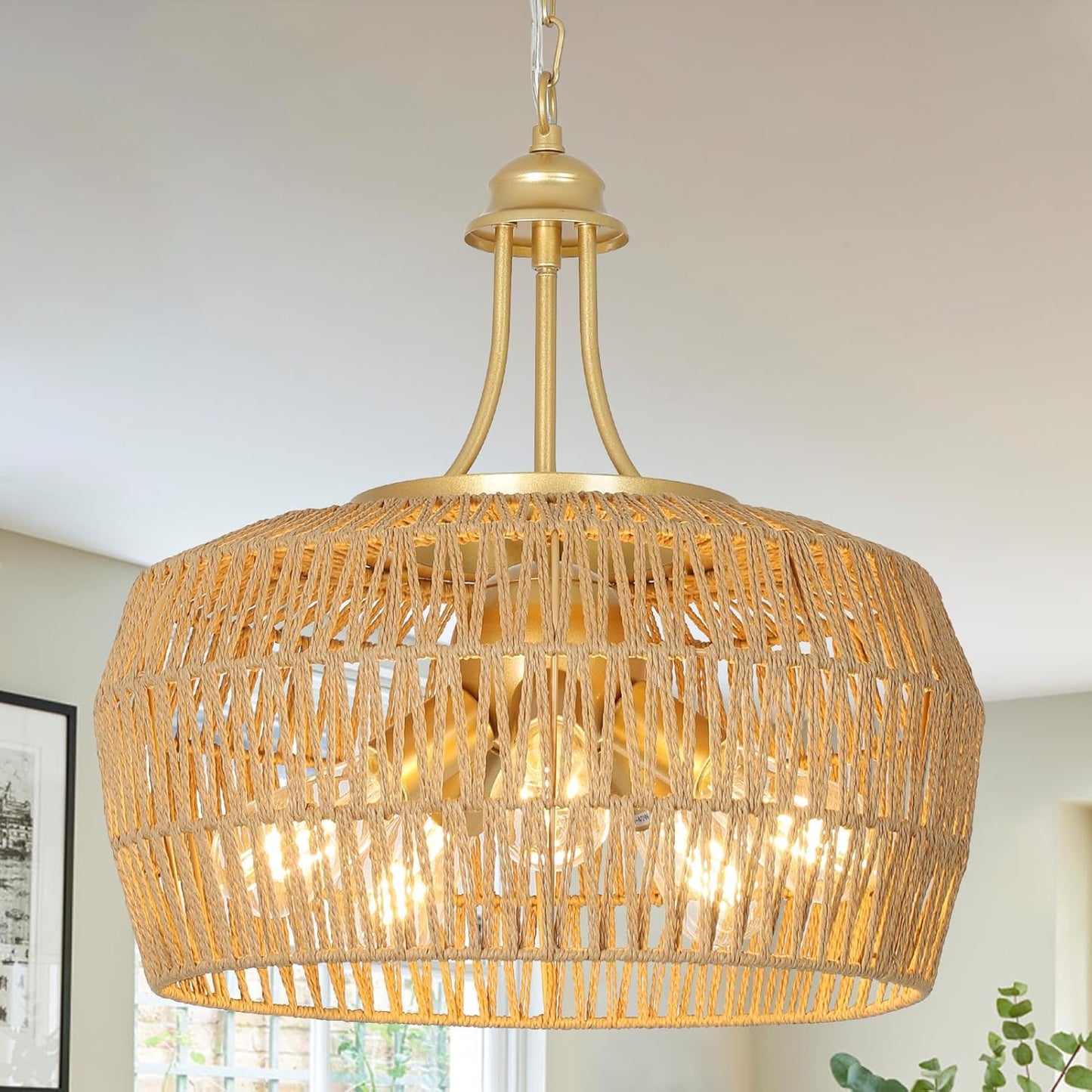 HMVPL Large Farmhouse Chandeliers for Dining Room, 5-Light Rattan Boho Chandelier Light Fixture with Wicker Lampshade, Coastal Hanging Pendant Lighting for Kitchen Island Bedroom Living Room Nursery