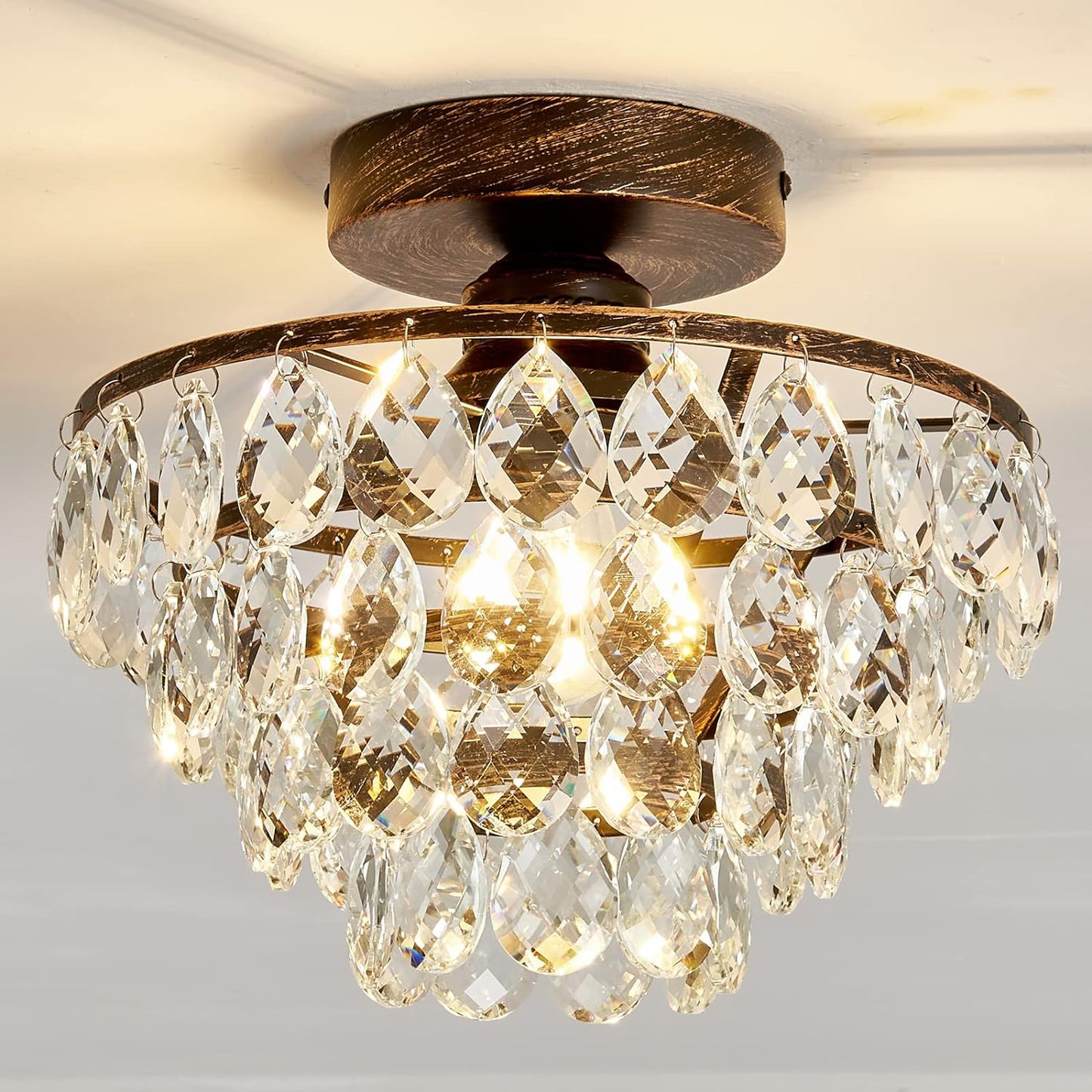 YYJLX Modern Small Crystal Ceiling Light Fixture Mini Black Semi Flush Mount Chandelier Light Fixture for Hallway Bedroom Bathroom Closet e26