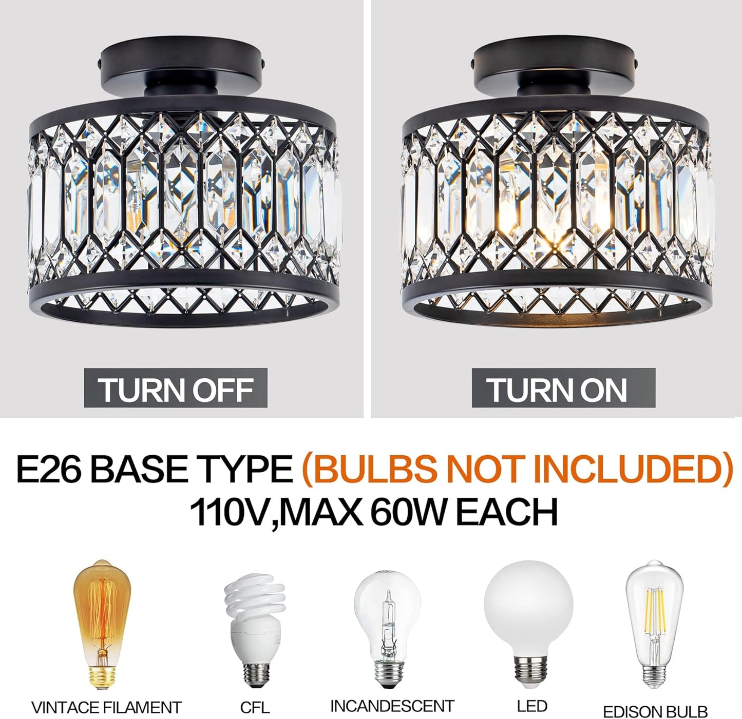 Crystal Ceiling Light Fixture, Modern Semi Flush Mount Ceiling Light,Crystal Chandelier for Kitchen Bedroom Bathroom Entryway Black (Bulb not Included)