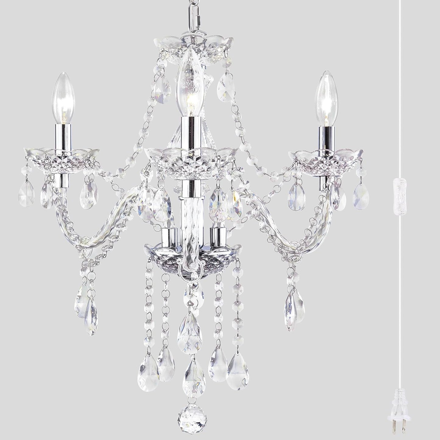 Plug-in 5 Light Crystal Hanging Pendant Lights Acrylic Chandelier with Clear Cord & On/Off Switch H19 D19.7 for Kitchen Island Girls' Room Dining Area Laundry Pavilion.