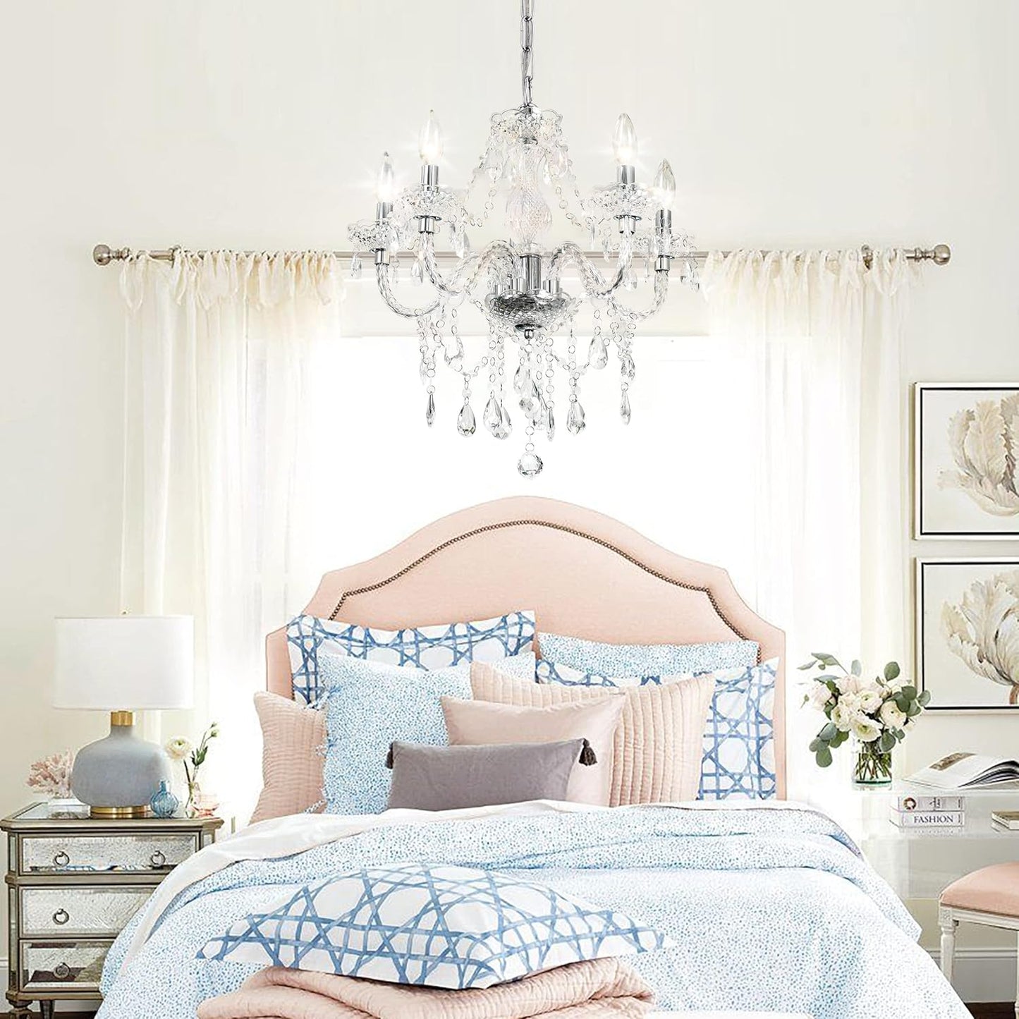Plug-in 5 Light Crystal Hanging Pendant Lights Acrylic Chandelier with Clear Cord & On/Off Switch H19 D19.7 for Kitchen Island Girls' Room Dining Area Laundry Pavilion.