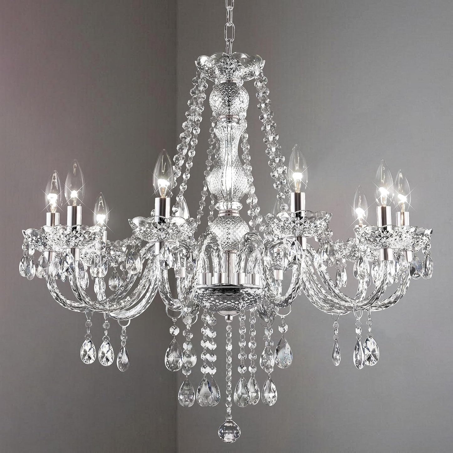 Plug-in 5 Light Crystal Hanging Pendant Lights Acrylic Chandelier with Clear Cord & On/Off Switch H19 D19.7 for Kitchen Island Girls' Room Dining Area Laundry Pavilion.
