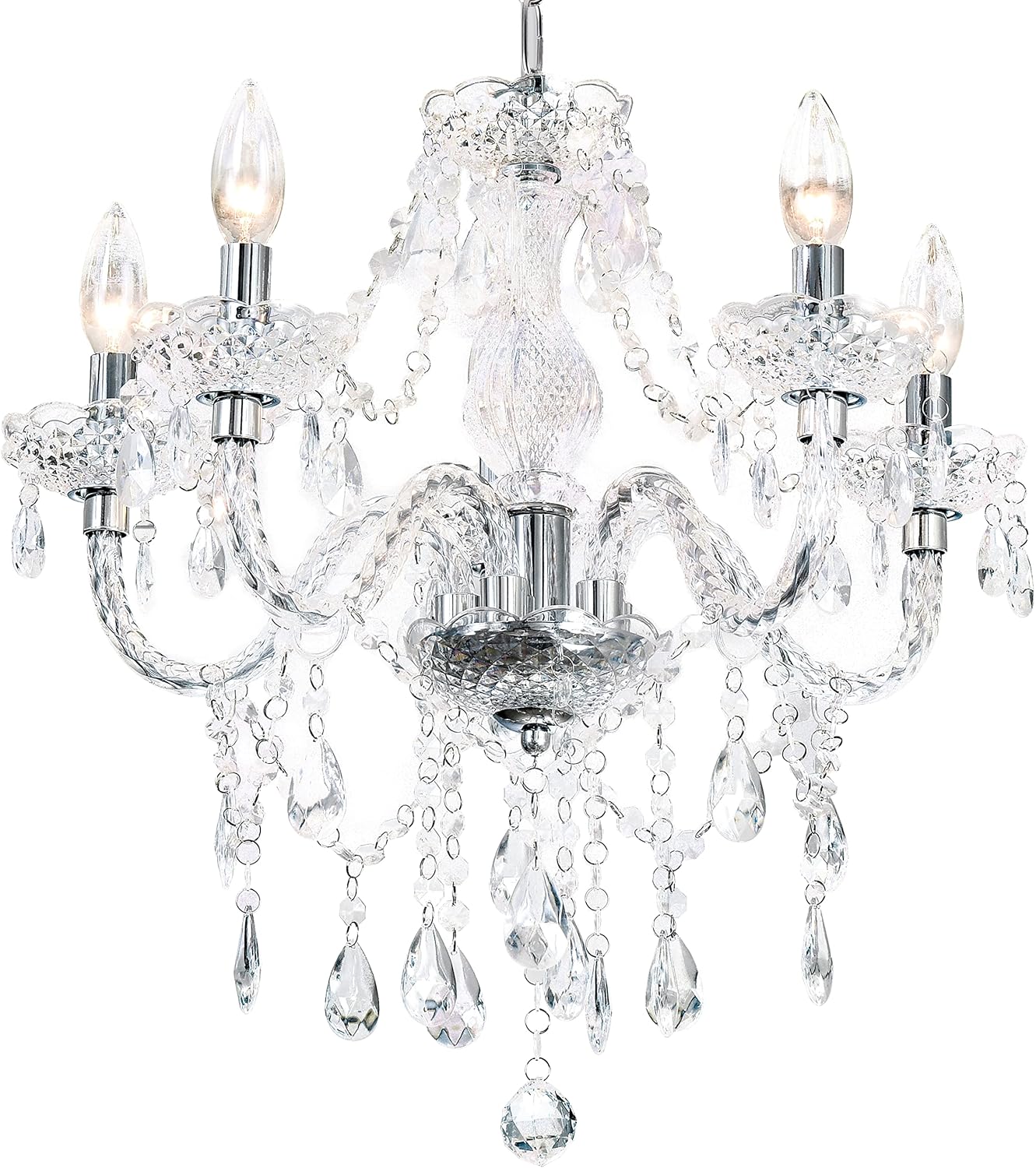 Plug-in 5 Light Crystal Hanging Pendant Lights Acrylic Chandelier with Clear Cord & On/Off Switch H19 D19.7 for Kitchen Island Girls' Room Dining Area Laundry Pavilion.