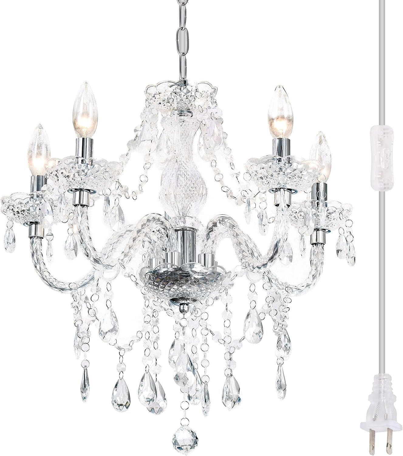 Plug-in 5 Light Crystal Hanging Pendant Lights Acrylic Chandelier with Clear Cord & On/Off Switch H19 D19.7 for Kitchen Island Girls' Room Dining Area Laundry Pavilion.