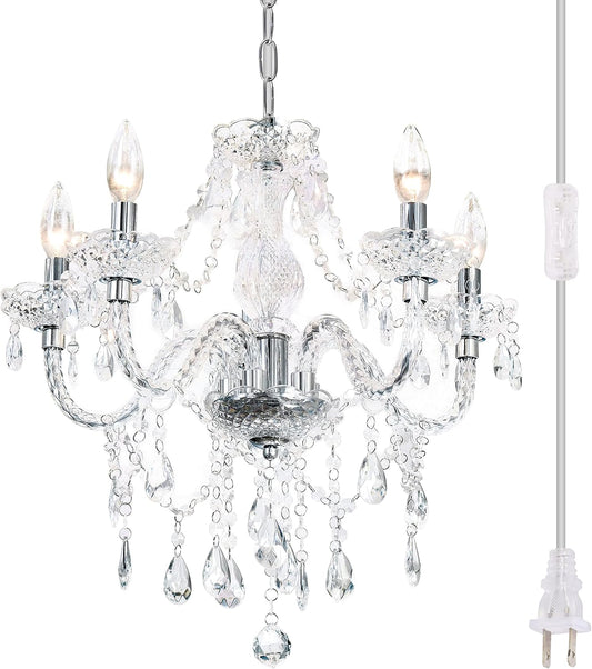 Plug-in 5 Light Crystal Hanging Pendant Lights Acrylic Chandelier with Clear Cord & On/Off Switch H19 D19.7 for Kitchen Island Girls' Room Dining Area Laundry Pavilion.